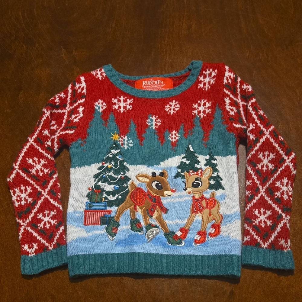 Rudolph Red and Green Kids Christmas Sweater